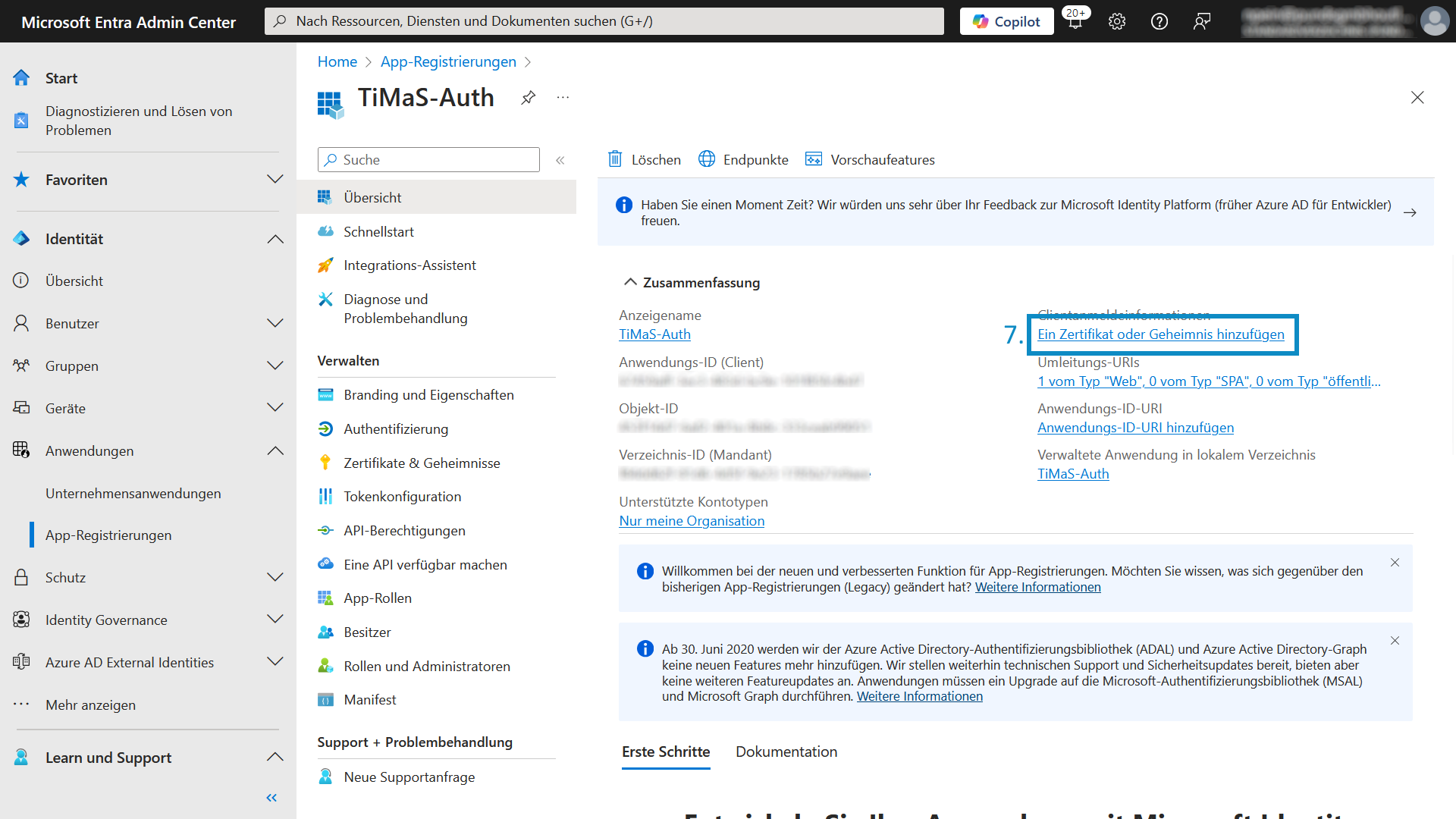 Navigation zum Client Secret