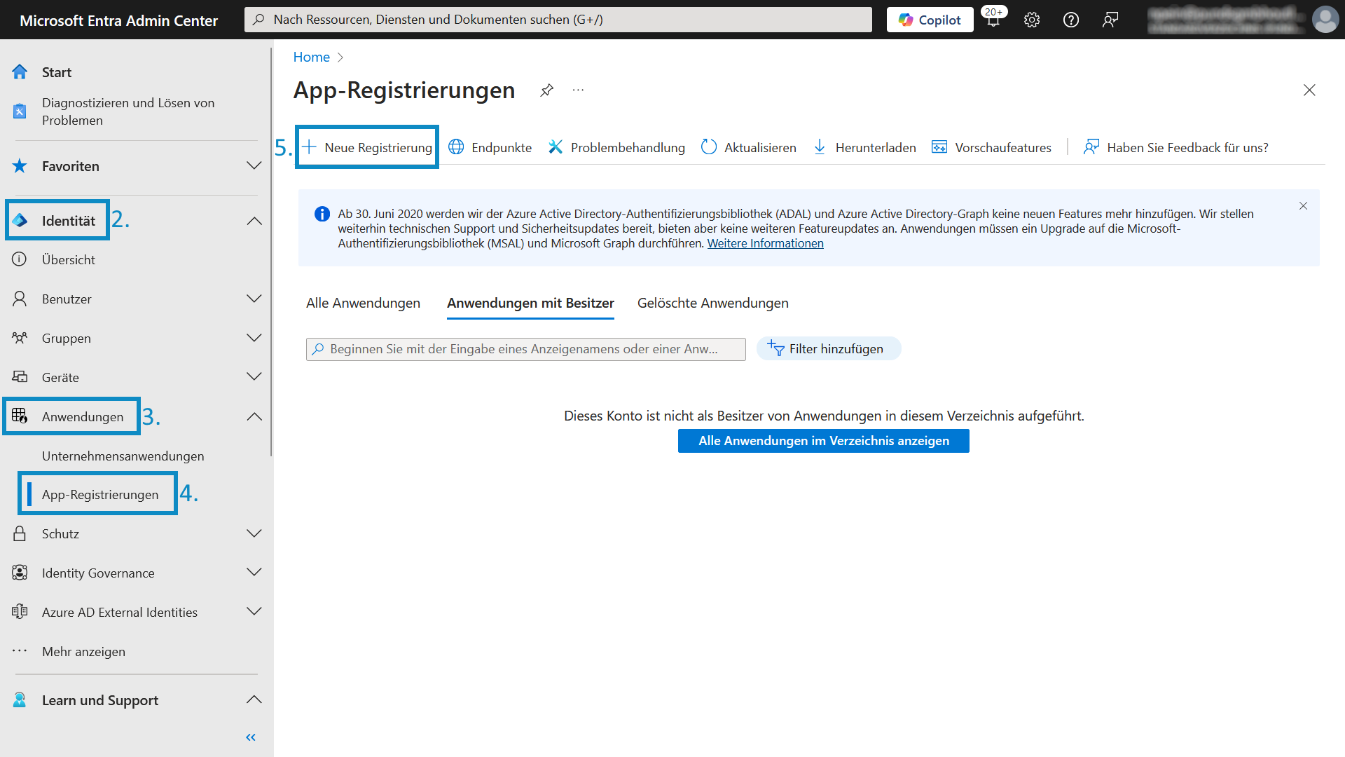 Navigation zum Menüpunkt App-Registrierungen