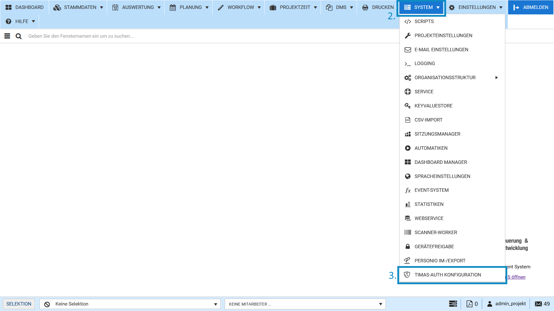 Navigation zum Menüpunkt TiMaS-Auth Konfiguration