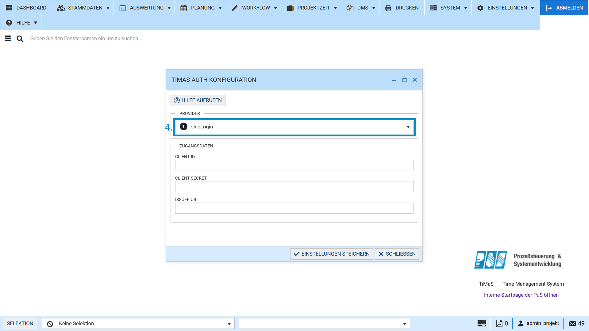 Auswahl des Providers OneLogin